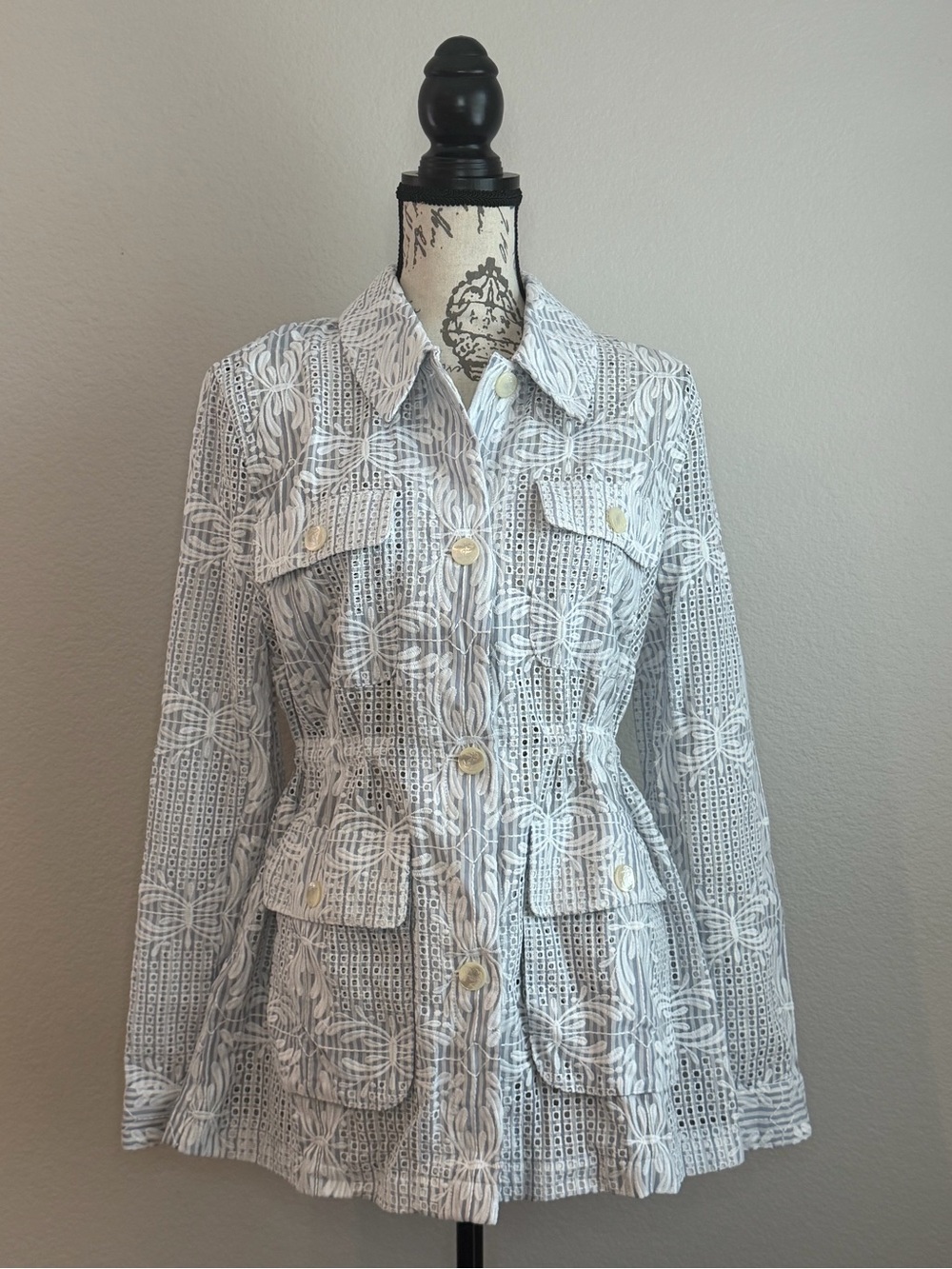 Veronica Beard Kiki Eyelet Jacket NWT Blue Utility Cinch Waist Size 6 - Picture 2 of 12